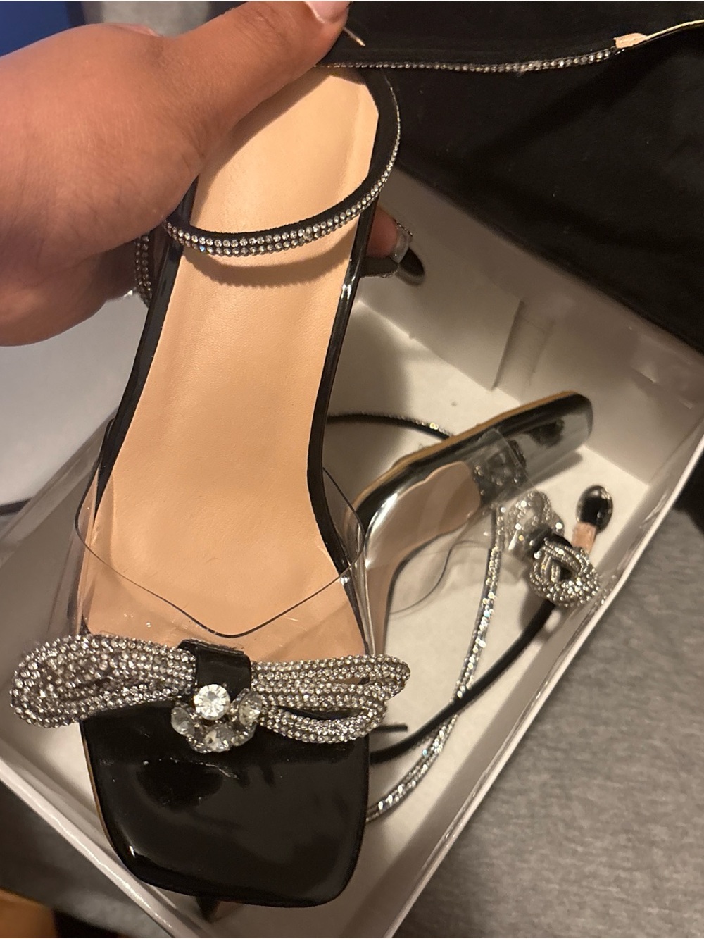 EGO Black Patent Rhinestone Bow Heeled Sandals